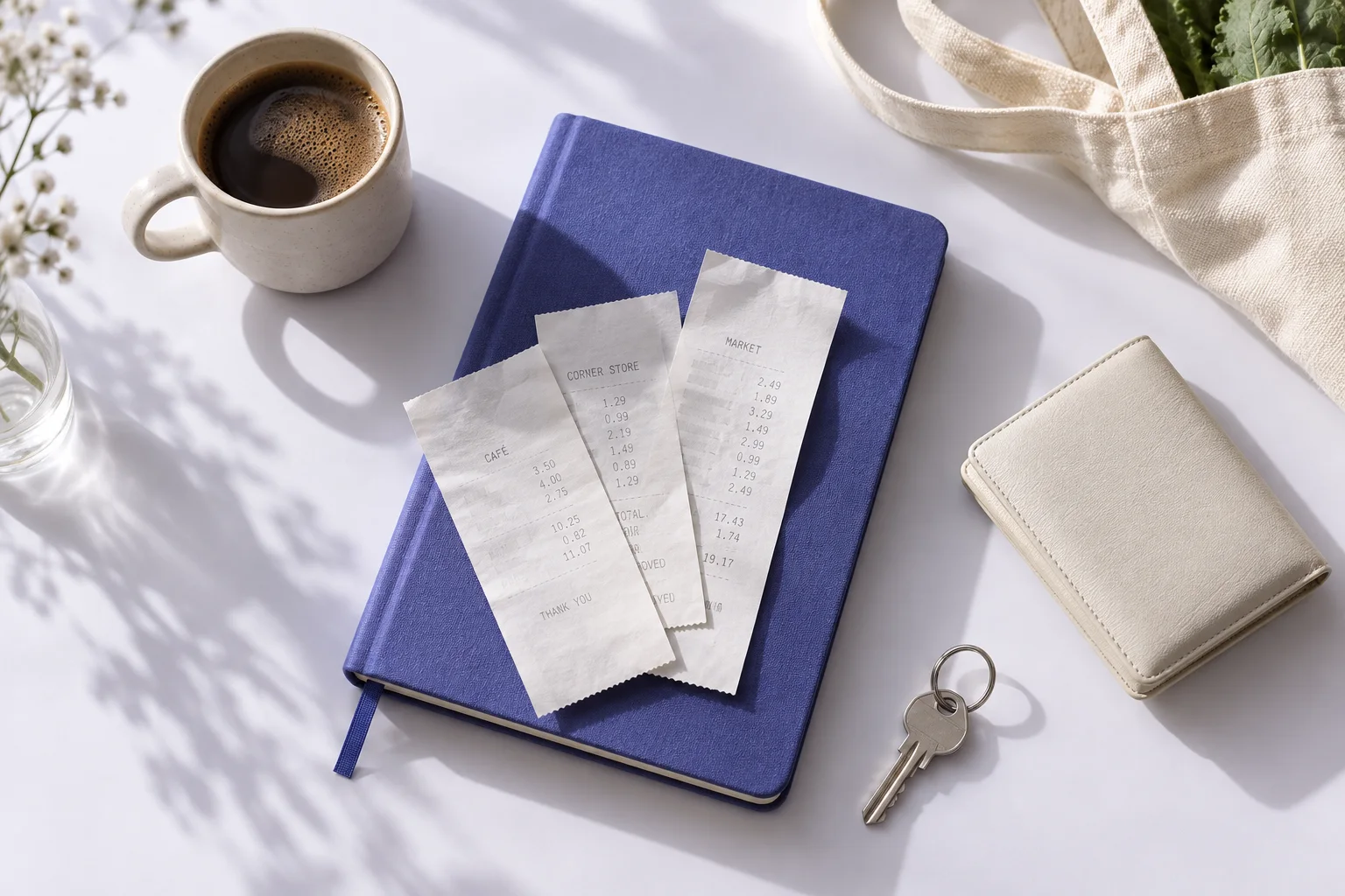 Shopping receipts spread over an indigo notebook, with a cup of coffee, a wallet, groceries and house keys.