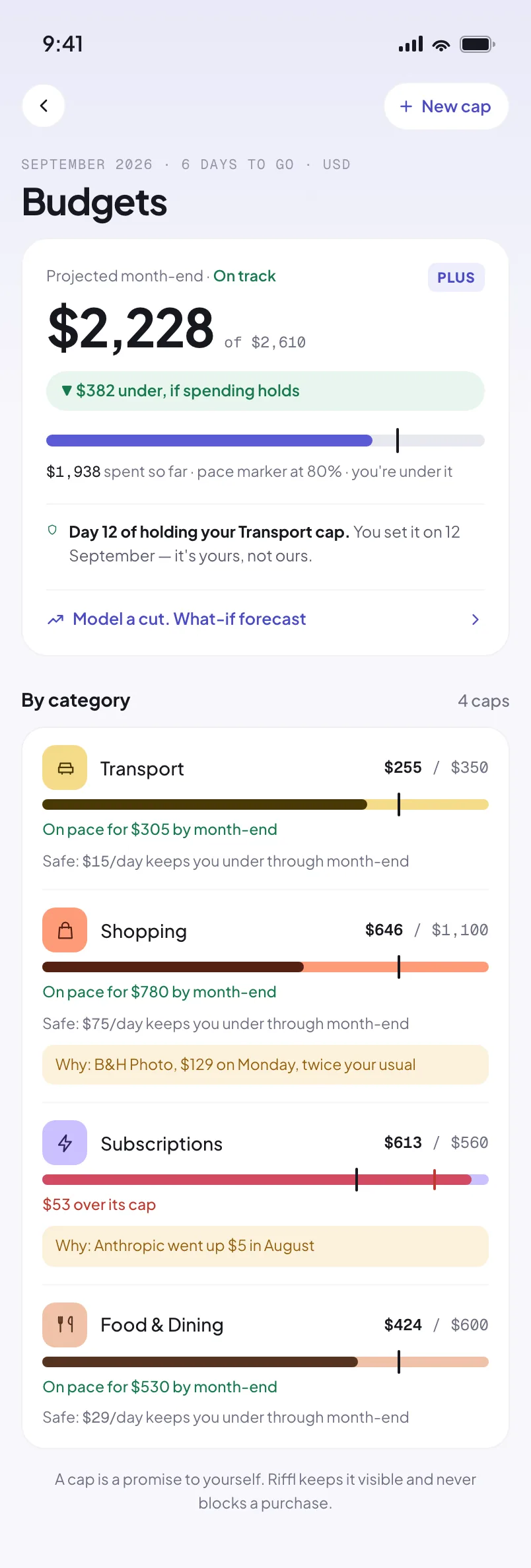 Riffl Budgets: projected month-end $2,228 of a $2,610 budget, on track, $382 under if spending holds, $1,938 spent so far against a pace marker at 80 percent. Day 12 of holding the Transport budget.