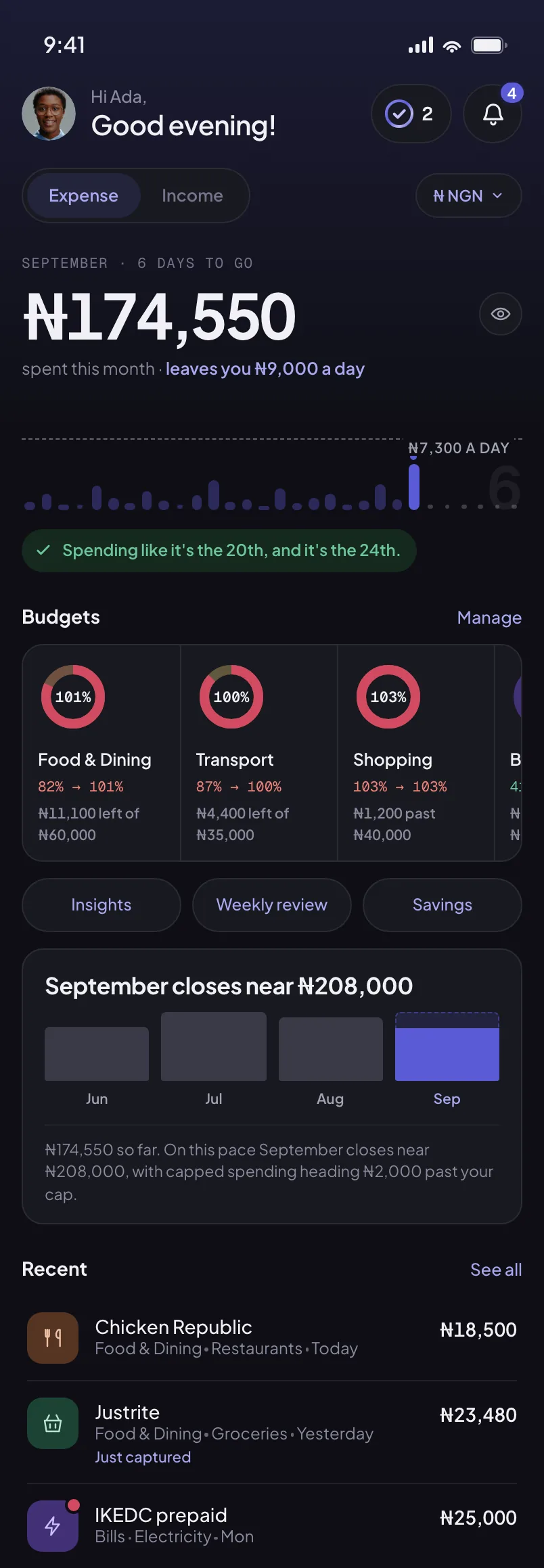 Riffl Home, naira book in dark mode: ₦174,550 spent this month, leaving ₦9,000 a day, against ₦7,300 a day.