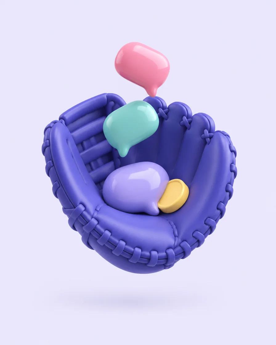 A catcher’s mitt holding three message bubbles and a coin.