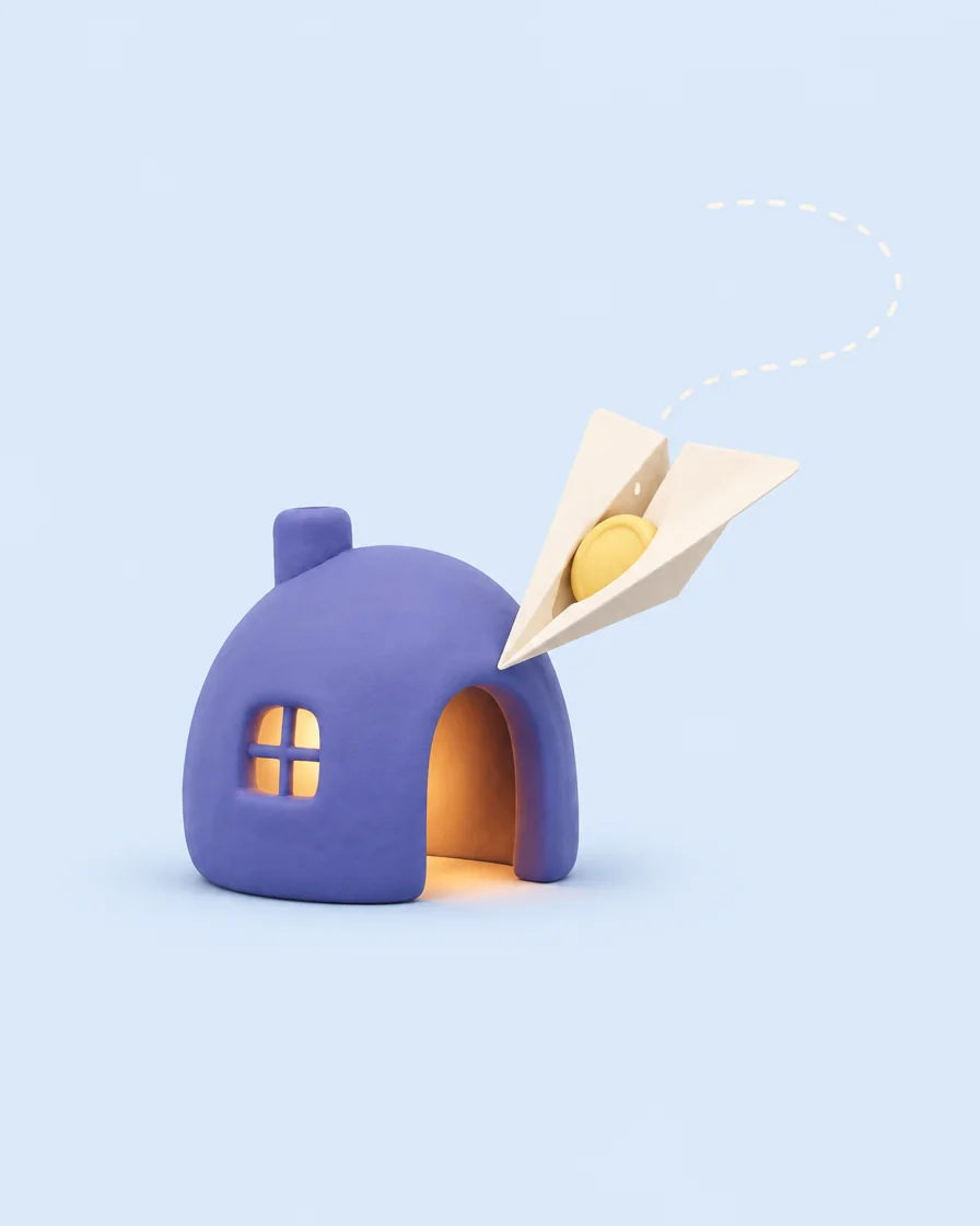 A paper plane carrying a coin to a small house with a lit window.