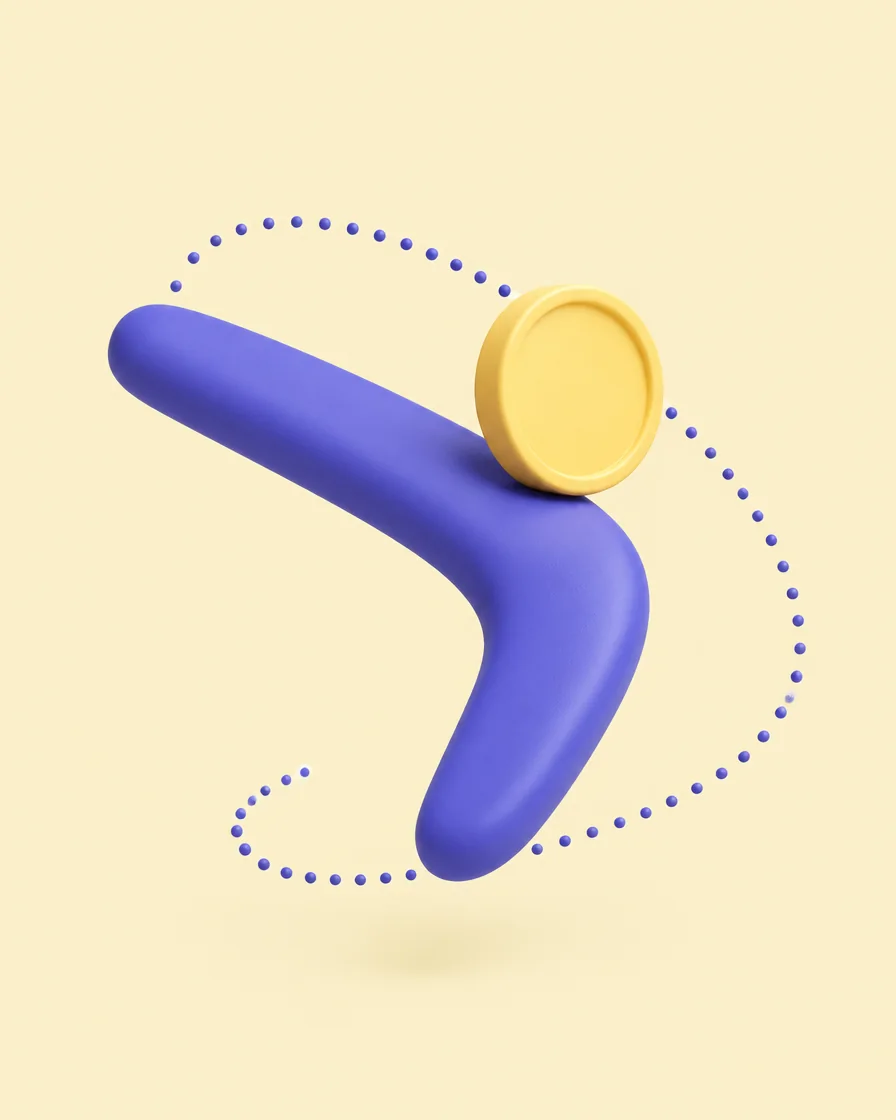 A boomerang carrying a coin on a path that loops back.