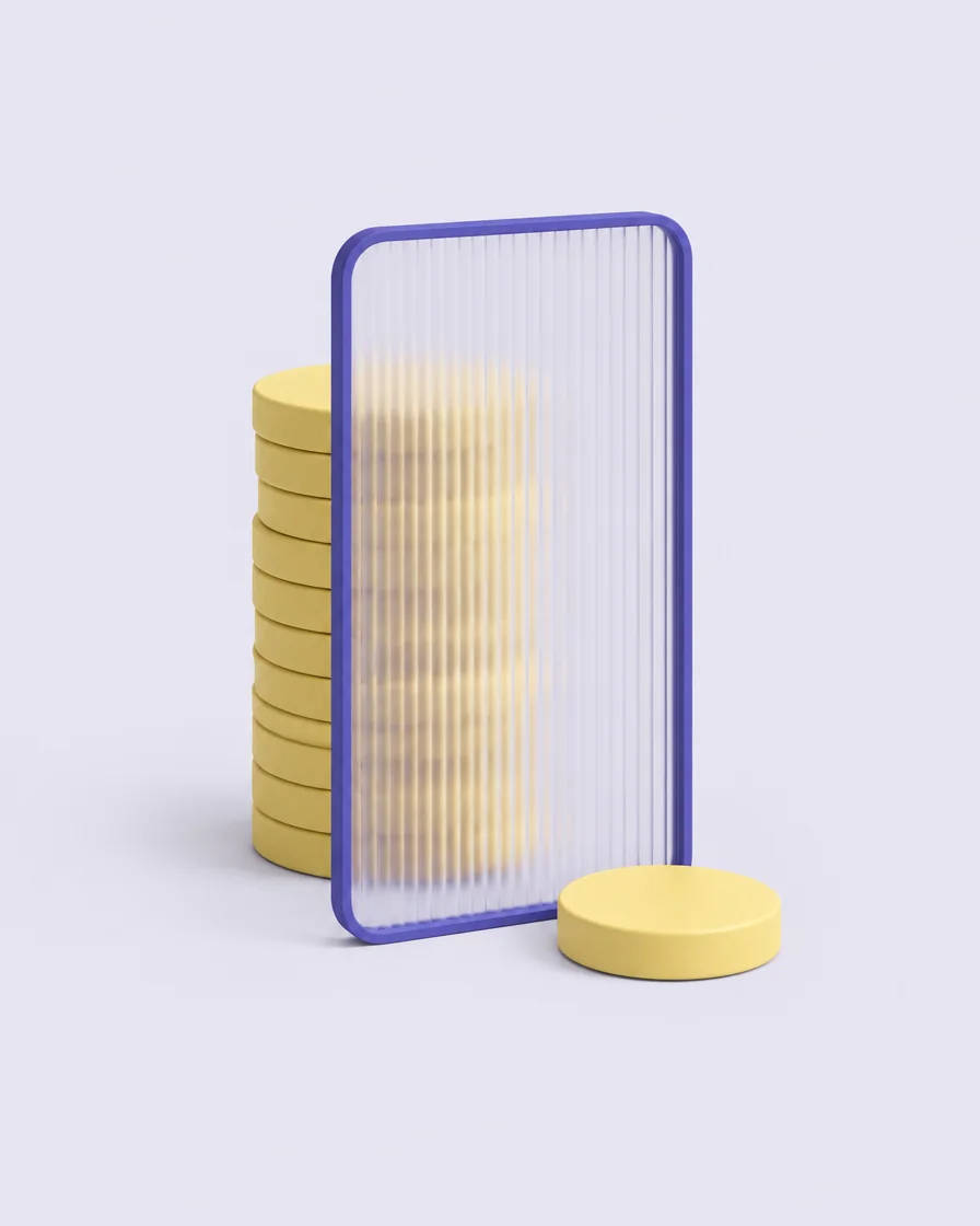 A stack of coins blurred behind a pane of frosted glass.