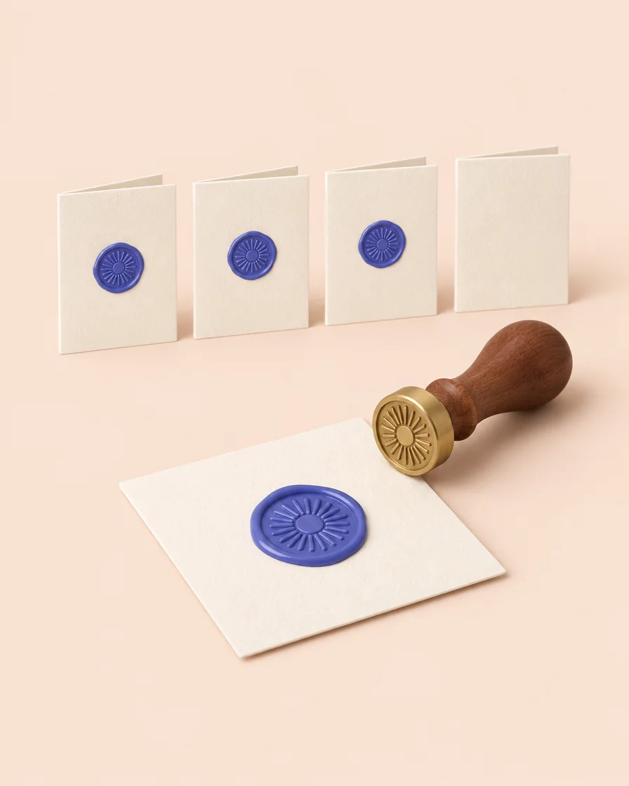 A wax seal pressed onto a card, with a row of sealed cards behind.