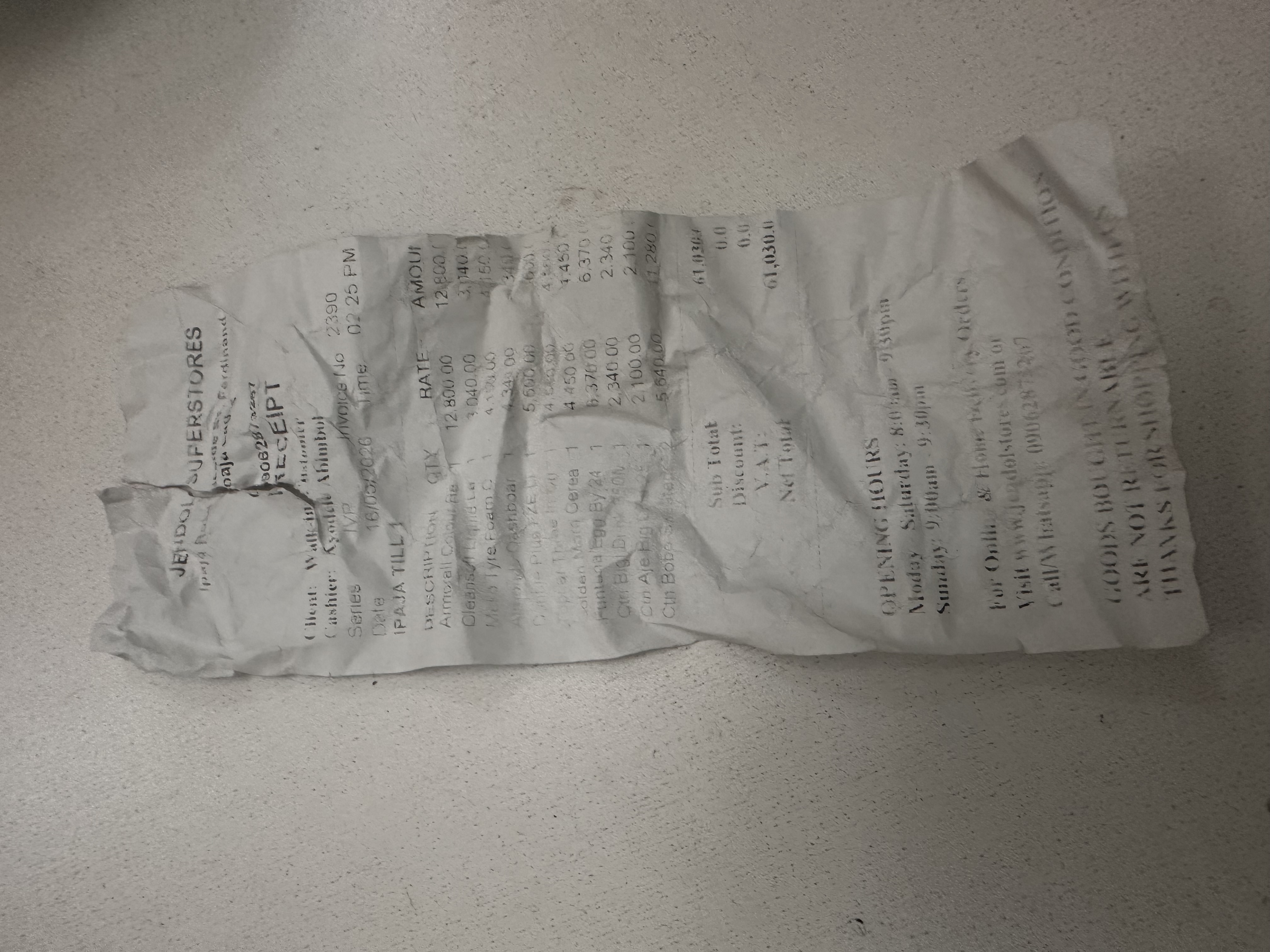 A real crumpled, faded Jendol Superstores receipt from Ipaja