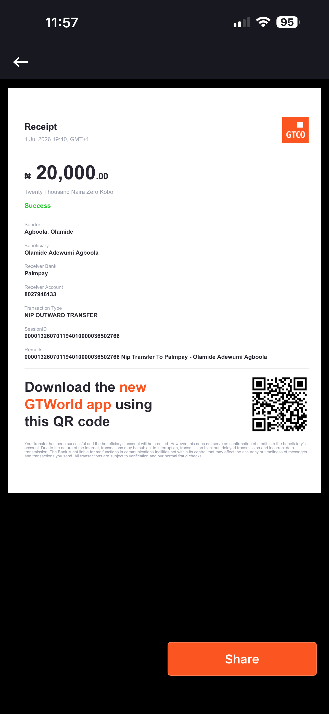 GTBank transfer receipt, ₦20,000