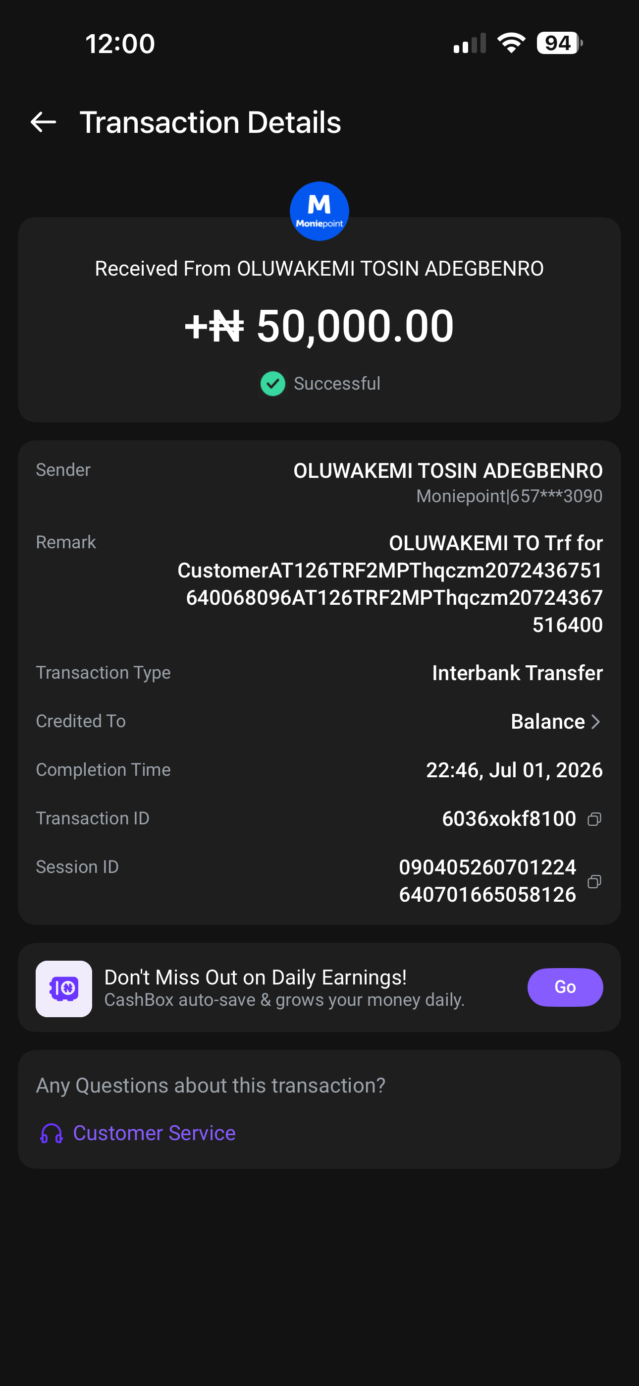 Moniepoint credit alert, ₦50,000 received